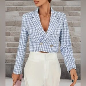 Blue Houndstooth Cropped Blazer